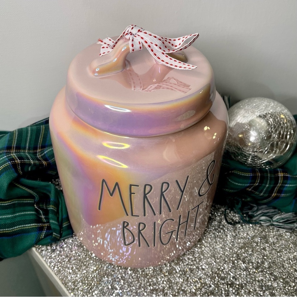 Rae Dunn Pink Iridescent Holiday Cookie Jar Merry & Bright Christmas Decor New - Picture 3 of 9